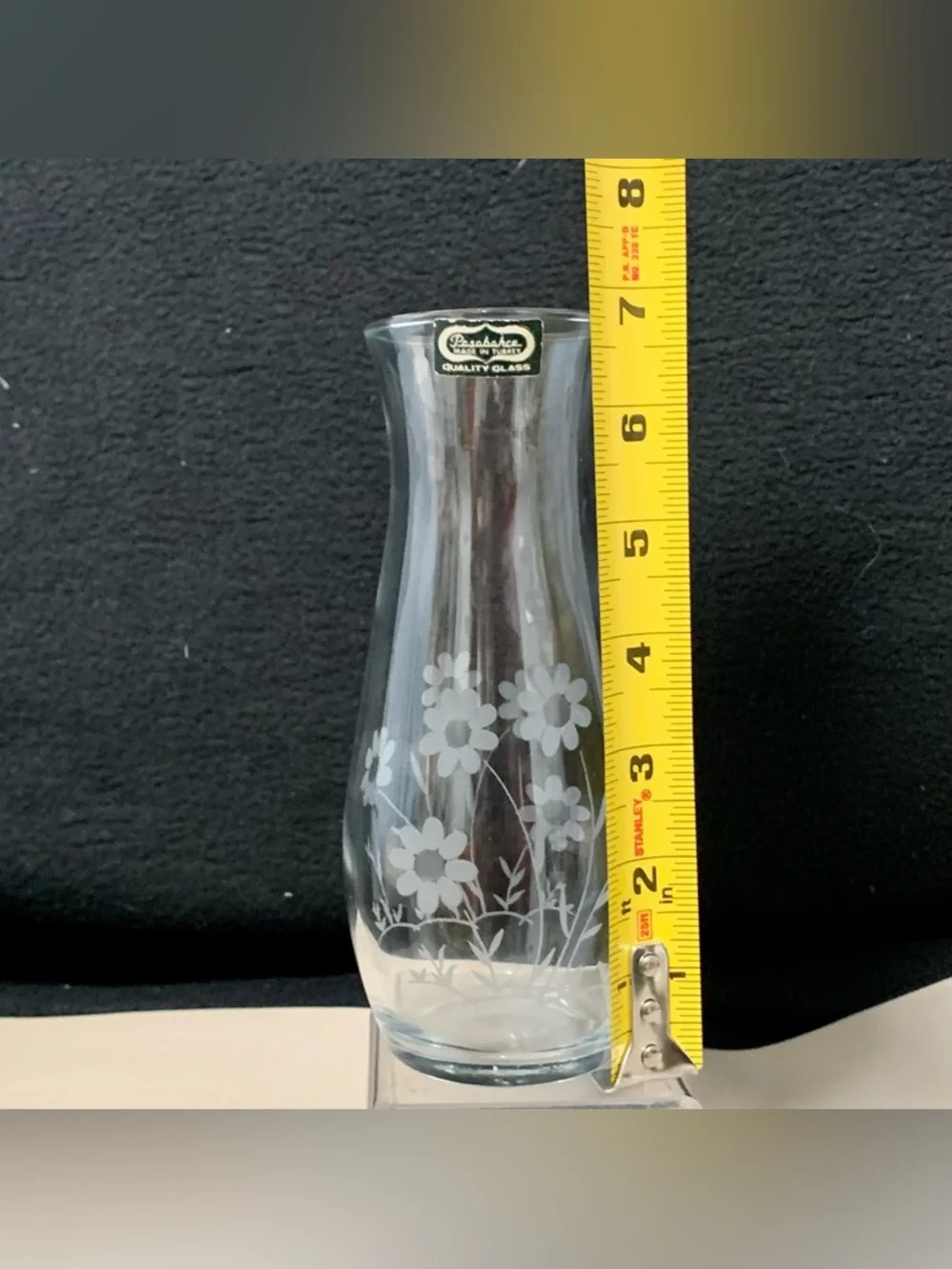 🔍 Vintage Paşabahçe Etched Daisy Floral Glass Vase Original Label Made in Turkey